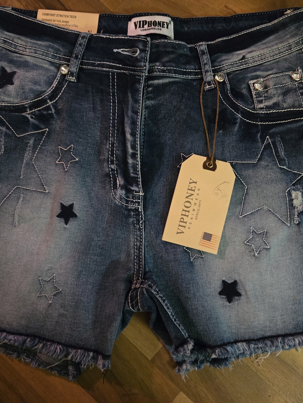 Viphoney Women's Blue Star Embroidered Denim Shorts